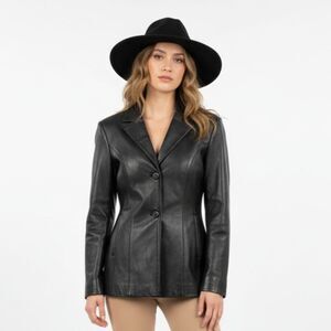 Wilsons 100% Leather Black Button Front Blazer Jacket M